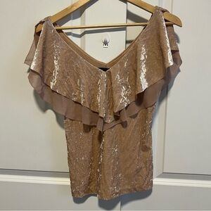 White House Black Market Shimmering Tan Ruffle Blouse